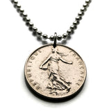 1969 France 1 Franc coin pendant La Semeuse the Sower and the Seed French jewelry Paris Marseille Lyon Toulouse Mont Saint-Michel Nice Strasbourg Bordeaux Versailles Le Havre Rennes Reims Toulon n000627