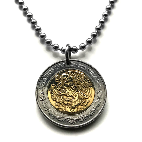 1994 Mexico 1 Peso coin pendant Mexican golden eagle Monterrey Guadalajara Puebla Oaxaca Juárez Morelia Michoacán Zapopan Toluca Chiapas Pachuca Ecatepec Tijuana León Culiacán Veracruz Yucatán Jalisco Acapulco Cancun Cuernavaca Hidalgo Durango n001570a