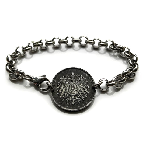 1916 Germany Deutschland 10 Pfennig coin bracelet German black eagle Berlin Hamburg Munich Cologne Frankfurt Stuttgart Düsseldorf Leipzig Dortmund Essen Bremen Dresden Hanover Nuremberg b000092