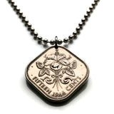 1969 Bahamas 15 Cents coin pendant necklace jewelry Hibiscus flower Nassau flowering plant Andros Exuma & Cays Junkanoo Rose Island Beach Rum Cay n000063