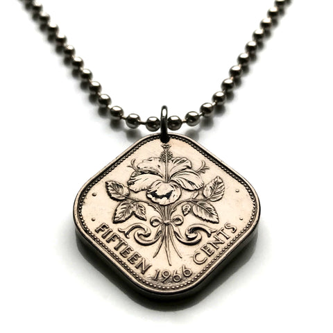 1969 Bahamas 15 Cents coin pendant necklace jewelry Hibiscus flower Nassau flowering plant Andros Exuma & Cays Junkanoo Rose Island Beach Rum Cay n000063