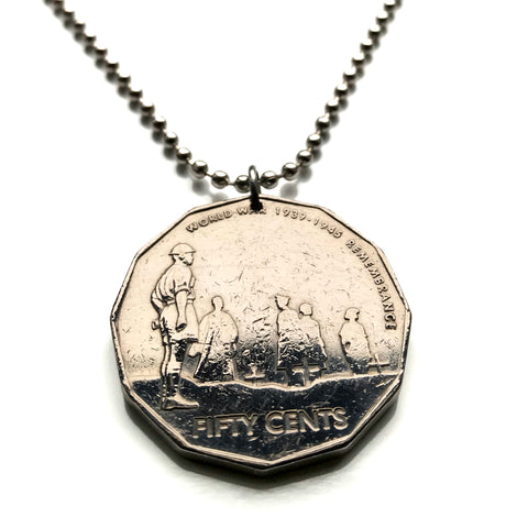 2005 Australia 50 Cent coin pendant World War II 1939-1945 Remembrance military soldiers veterans fallen heroes memorial Sydney Perth Canberra Melbourne Queensland Victoria New South Wales Hobart Palmerston land down under Brisbane Adelaide Darwin n000309