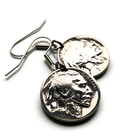 USA 5 Cent Buffalo Indian Head nickel coin earring native American bison Chief Iron Tail New York Washington Texas Nebraska NYC e000113
