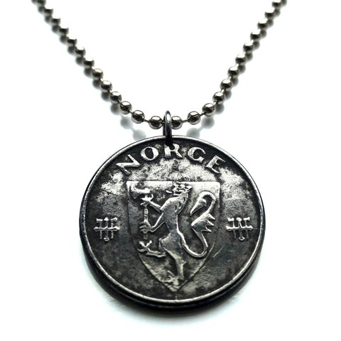 1944 Norway Norge 5 Ore coin pendant World War 2 Nazi German occupation lion Den norske løve Oslo Bergen Stavanger Sandnes Bokmål Nynorsk Viking Trondheim Drammen Fredrikstad Sarpsborg Porsgrunn Skien Kristiansand Ålesund Scandinavia Norse Viken n000940