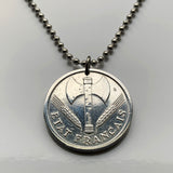 1943 French Vichy State France 2 Francs coin pendant The Francisque Labrys double axe WWII World War 2 Nazi Germany occupation Allier Massif Central Clermont-Ferrand Auvergne Rhône Alpes Cher Nièvre Saône Loire Paris Marshal Philippe Pétain n003649