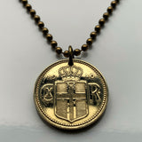 1940 Iceland Ísland 1 Krona coin pendant Icelandic crown Nordic cross World War 2 era Reykjavík Landvættir saga Griðungur Gammur Dreki Bergrisi Vík Skógar Grindavík Danish Kopavogur n001248