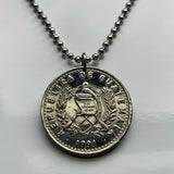2000 Guatemala 25 Centavos coin pendant necklace jewelry Quetzal bird Mixco Villa Nueva Escuintla Huehuetenango Jutiapa Petapa Tikal Quiriguá Mayas n001829