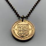 1957 Bailiwick of Jersey 1/4 Shilling coin pendant 3 gold leopards lions Saint Helier Saviour John Lawrence Brélade Ouen Mary Martin Peter Normandy UK British Crown English Channel Islands n003633