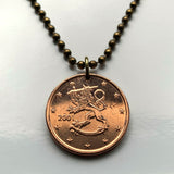 2002 Finland Suomi 5 Euro Cent coin pendant necklace jewelry Finnish lion Helsinki Espoo Finnic Nordic Tampere Vantaa Oulu Turku Lahti Savonlinna Rovaniemi Mikkeli Uusimaa Pirkanmaa Jyvaskyla Porvoo n003628
