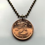 2002 Finland Suomi 5 Euro Cent coin pendant necklace jewelry Finnish lion Helsinki Espoo Finnic Nordic Tampere Vantaa Oulu Turku Lahti Savonlinna Rovaniemi Mikkeli Uusimaa Pirkanmaa Jyvaskyla Porvoo n003628