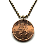 2002 Finland Suomi 5 Euro Cent coin pendant necklace jewelry Finnish lion Helsinki Espoo Finnic Nordic Tampere Vantaa Oulu Turku Lahti Savonlinna Rovaniemi Mikkeli Uusimaa Pirkanmaa Jyvaskyla Porvoo n003628
