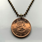 2002 Finland Suomi 5 Euro Cent coin pendant necklace jewelry Finnish lion Helsinki Espoo Finnic Nordic Tampere Vantaa Oulu Turku Lahti Savonlinna Rovaniemi Mikkeli Uusimaa Pirkanmaa Jyvaskyla Porvoo n003628