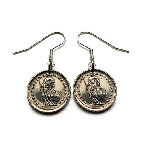 Switzerland Helvetia Confoederatio Helvetica 1/2 Franc coin earrings jewelry Swiss cross Zurich Basel Geneva Lucerne Bern Winterthur Lausanne Lugano Biel/Bienne Thun Ticino Uri Alpine Jura Alphorn e000538