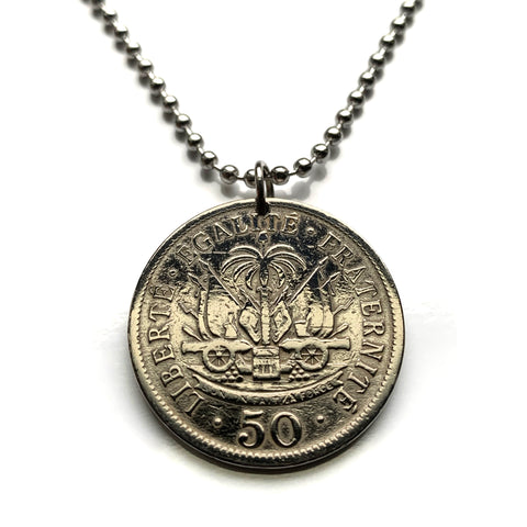 1908 Haiti 50 Centimes coin pendant necklace jewelry Haitian Port-au-Prince cannon palm tree Caribbean Hispaniola French creole flag African n001374