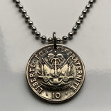 1970 Haiti 10 Centimes coin pendant necklace jewelry Haitian flags cannons palm tree Port-au-Prince Cap-Haïtien Carrefour Delmas Pétion-Ville Port-de-Paix Croix des Bouquets Jacmel Citadelle Laferrière French Léogâne n002407