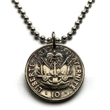 1970 Haiti 10 Centimes coin pendant necklace jewelry Haitian flags cannons palm tree Port-au-Prince Cap-Haïtien Carrefour Delmas Pétion-Ville Port-de-Paix Croix des Bouquets Jacmel Citadelle Laferrière French Léogâne n002407