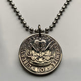 1970 Haiti 10 Centimes coin pendant necklace jewelry Haitian flags cannons palm tree Port-au-Prince Cap-Haïtien Carrefour Delmas Pétion-Ville Port-de-Paix Croix des Bouquets Jacmel Citadelle Laferrière French Léogâne n002407