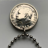 1970 Haiti 10 Centimes coin pendant necklace jewelry Haitian flags cannons palm tree Port-au-Prince Cap-Haïtien Carrefour Delmas Pétion-Ville Port-de-Paix Croix des Bouquets Jacmel Citadelle Laferrière French Léogâne n002407