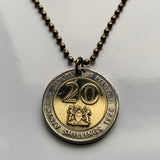 1998 Kenya 20 Shillings coin pendant necklace jewelry Kenyan lions Nairobi East Africa Kikuyu Luhya Luo Kiswahili Great Rift Valley Lamu safari spears n002268