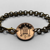 1994 England United Kingdom Great Britain 1 Penny coin bracelet jewelry English Beaufort crowned Portcullis chains Henry VII Tudor badge Tower of London Westminster Palace Monk Bar York Amberley Castle Kent Hever Castle Tower Bridge British b000123