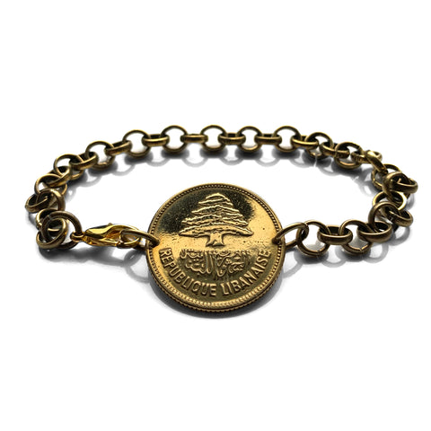 1952 Lebanon Liban 25 Piastres coin rolo link chain bracelet jewelry Lebanese cedar tree Beirut Tripoli Zahlé Sidon Aley Tyre Nabatieh Ra's Bayrut The Levant Jounieh Batroun Baalbek Beqaa Valley Middle East Shami Levantine Arabic b000097