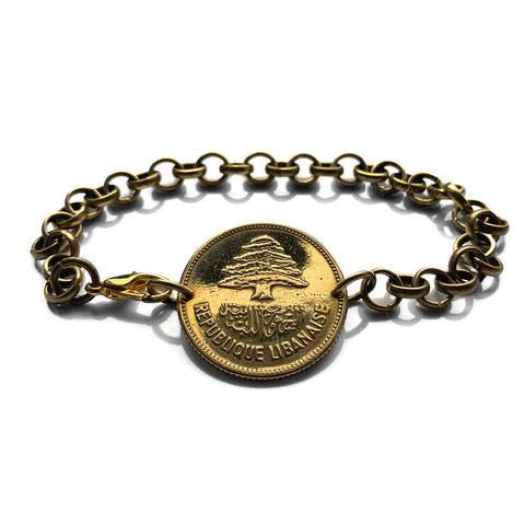 1952 Lebanon Liban 25 Piastres coin rolo link chain bracelet jewelry Lebanese cedar tree Beirut Tripoli Zahlé Sidon Aley Tyre Nabatieh Ra's Bayrut The Levant Jounieh Batroun Baalbek Beqaa Valley Middle East Shami Levantine Arabic b000097