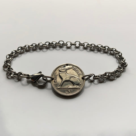 1962 Ireland Éire 3 Pence coin bracelet jewelry Irish rabbit hare bunny Celtic harp Cláirseach Gaelic Dublin Cork Limerick Galway Waterford Cliffs of Moher Connacht Leinster Munster Carlow Guinness Hibernia Swords St Patrick's Day Drogheda Ulster b000048