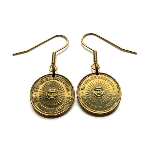Argentina 5 Centavos coin earrings Sol de Mayo Sun of May Buenos Aires Córdoba Rosario Mendoza San Miguel de Tucumán La Plata Mar del Plata Salta San Juan Santa Fe Resistencia Corrientes Entre Ríos de la Plata Gran Chaco e000550