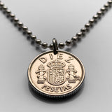 1984 Spain España 10 Pesetas coin pendant necklace jewelry Escudo Español Spanish crown Madrid Barcelona Sevilla Valencia Granada Zaragoza Toledo Cadiz Córdoba Castile Leon Aragon Navarre Andalusia Catalan Bilbao Coruña Salamanca n001634