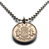 1984 Spain España 10 Pesetas coin pendant necklace jewelry Escudo Español Spanish crown Madrid Barcelona Sevilla Valencia Granada Zaragoza Toledo Cadiz Córdoba Castile Leon Aragon Navarre Andalusia Catalan Bilbao Coruña Salamanca n001634