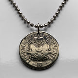 1949 Haiti 10 Centimes coin pendant necklace jewelry Haitian flags cannons palm tree Port-au-Prince Cap-Haïtien Carrefour Delmas Pétion-Ville Port-de-Paix Croix des Bouquets Jacmel Citadelle Laferrière French Léogâne n001270