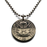 1949 Haiti 10 Centimes coin pendant necklace jewelry Haitian flags cannons palm tree Port-au-Prince Cap-Haïtien Carrefour Delmas Pétion-Ville Port-de-Paix Croix des Bouquets Jacmel Citadelle Laferrière French Léogâne n001270