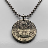 1949 Haiti 10 Centimes coin pendant necklace jewelry Haitian flags cannons palm tree Port-au-Prince Cap-Haïtien Carrefour Delmas Pétion-Ville Port-de-Paix Croix des Bouquets Jacmel Citadelle Laferrière French Léogâne n001270