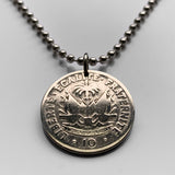 1949 Haiti 10 Centimes coin pendant necklace jewelry Haitian flags cannons palm tree Port-au-Prince Cap-Haïtien Carrefour Delmas Pétion-Ville Port-de-Paix Croix des Bouquets Jacmel Citadelle Laferrière French Léogâne n001270