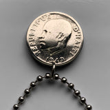 1949 Haiti 10 Centimes coin pendant necklace jewelry Haitian flags cannons palm tree Port-au-Prince Cap-Haïtien Carrefour Delmas Pétion-Ville Port-de-Paix Croix des Bouquets Jacmel Citadelle Laferrière French Léogâne n001270
