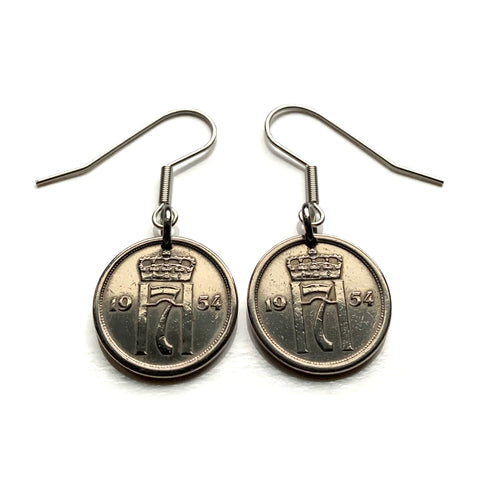 Norway Norge Noreg 25 Ore coin earrings jewelry Norwegian crown letter H lucky number 7 Oslo Bergen Stavanger Sandnes Trondheim Drammen Fredrikstad Sarpsborg Porsgrunn Skien Alesund Norsemen Scandinavian Nordic Vikings Bokmal Nynorsk e000552
