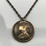 1862 United Kingdom Great Britain 1 Penny coin pendant Queen Victoria Britannia England London Manchester Birmingham Liverpool Bristol York Nottingham Scotland Ireland Wales British n003245