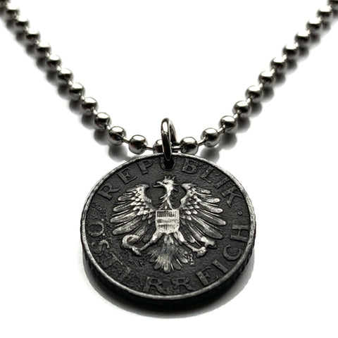 1976 Austria Osterreich 5 Groschen coin pendant necklace jewelry Austrian eagle Vienna Wien Salzburg Innsbruck Graz Linz Tyrol Villach Carinthia Sankt Polten Wels Solden Ischgl Gmunden Vorarlberg Hallstatt Styria Edelweiss Alpine Alps n000606