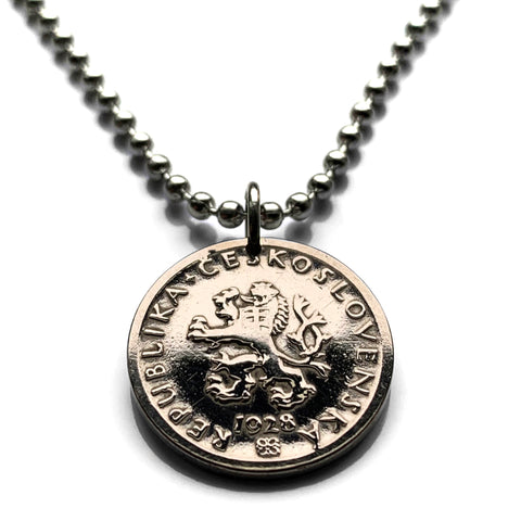 1924 Czechoslovakia 20 Haleru coin pendant Czech lion Slovak shield Prague Bratislava Bohemia Moravia Charles Bridge Karlstejn Brno Czech Silesia Kutna Hora Ostrava Plzen Karlovy Vary n000201