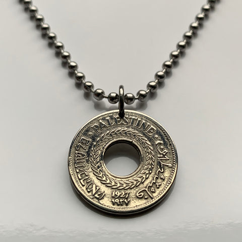 1935 Palestine 5 Mils coin pendant necklace jewelry Hebron West Bank Nablus Gaza Strip olive wreath Rafah Deir al-Balah Al-Bireh Abu Dis Tubas Arabic Israel World War 2 era WWII n001329