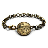 1987 Israel 10 Agorot coin bracelet jewelry Jewish menorah candelabrum Hanukkah Jerusalem Palestine Tel Aviv Haifa Rishon LeZion Petah Tikva Torah Hebrew Judea Samaria Talmud Ashdod Netanya Beersheba Jaffa Holon Caesarea Talmud Judaism Zion b000130