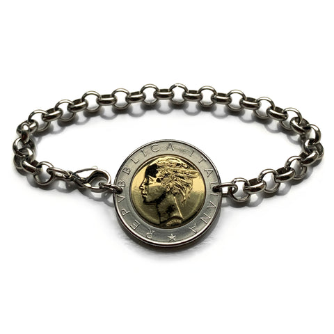 Italy 500 Lire coin bracelet Mercury Rome Florence Milano Venice Torino Palermo Siena Modena Lecce Perugia Bari Catania Messina Padua Trieste Taranto Ancona Ferrara Parma Salerno Sorrento Treviso Pisa b000044