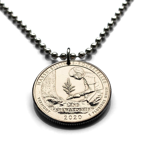 2020 USA Quarter 25 Cent coin pendant land stewardship Land ethic plant a tree girl Marsh-Billings-Rockefeller National Historical Park Vermont environmentalism agriculture conservationist sustainability renewable energy sustainable forest n003686