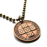 1955 Portugal 20 Cent coin pendant Portuguese 5 Quinas castles Quincunx cross Lisboa Oporto Sintra Braga Coimbra Évora Faro Santa Maria de Belém Vila Nova de Gaia Mirandese Guimarães Praia da Marinha Viseu Setúbal Amadora Funchal Almada Portalegre n000083