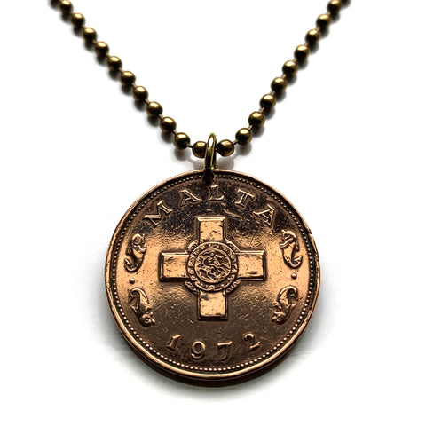 1972 Malta 1 Cent coin pendant George Cross medal World War 2 dolphinfish Valletta Birkirkara St. Paul's Bay Qormi Città Pinto Hompesch San Pawl il-Bahar Saint John Paola Victoria Gozo Comino Rabat the Blue Lagoon Mosta Cominotto Fort Saint Elmo n001508