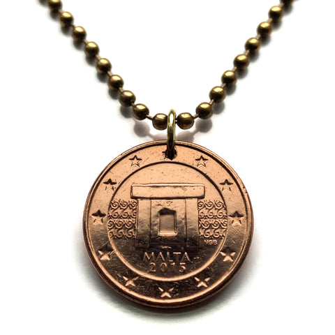 2015 Malta 5 Euro Cent coin pendant necklace Maltese Mnajdra L-Imnajdra megalithic temples Ħaġar Qim World Heritage Site Qrendi Valletta Safi Mdina archeological Tarxien Ta' Ħaġrat Skorba Temples Mġarr St Paul's Bay Qormi Żabbar Żebbuġ Rabat n003688