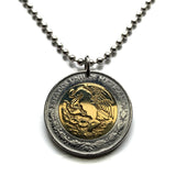 Mexico 5 Pesos coin pendant Mexican eagle aguila Mexicana Ecatepec Juárez Culiacán Jalisco Cuernavaca Oaxaca Tijuana Veracruz Toluca Chiapas Pachuca Guadalajara Morelia Hidalgo Yucatán Monterrey Puebla Cancún León Aztecas Acapulco Durango Zócalo n000397
