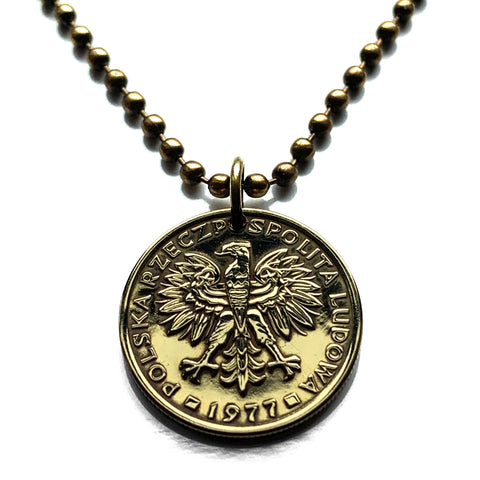 1977 Poland Polska 2 Zlote coin pendant necklace white Polish eagle Warsaw Krakow Wroclaw Lodz Poznan Gdansk Szczecin Bydgoszcz Lublin Poles Polans Polonia Białystok Katowice Gdynia Czestochowa Radom Lechitic Zakopane Oswiecim Kolobrzeg Kashubians n000175
