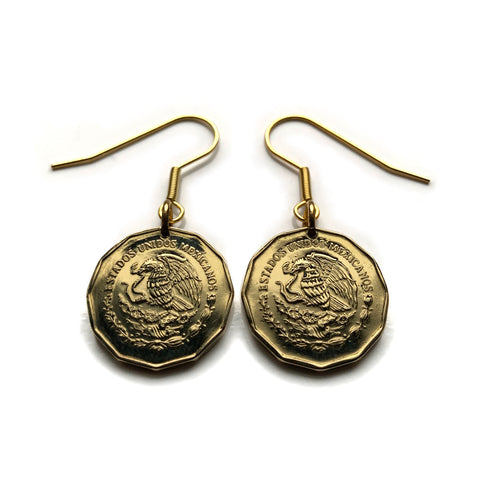 Mexico 20 Centavos coin earrings fashion jewelry águila real Mexicana Mexican golden eagle Ecatepec Guadalajara Puebla Juárez Tijuana León Monterrey Acapulco Yucatán Cancún Cuernavaca Oaxaca Jalisco Zapopan Toluca Chihuahua Morelia e000486