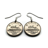 1966 Canada 5 Cents coin hook earrings dangle and drop jewelry Canadian beaver maple leaves Queen Elizabeth II Ottawa Montreal Quebec Toronto Ontario Vancouver Calgary British Columbia Alberta Nova Scotia New Brunswick Manitoba Nunavut Victoria e000575